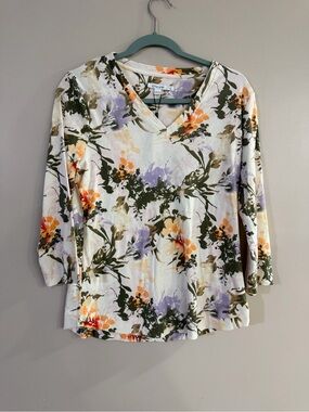Chico's White Floral V-Neck Long Sleeve Top with Green, Lavender & Orange Print
